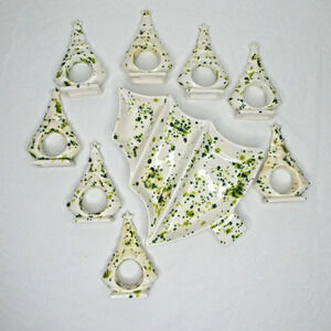 Set Speckled Christmas Tree Divided Tray and 8 Napkin Rings Ceramic ONE REPAIRED